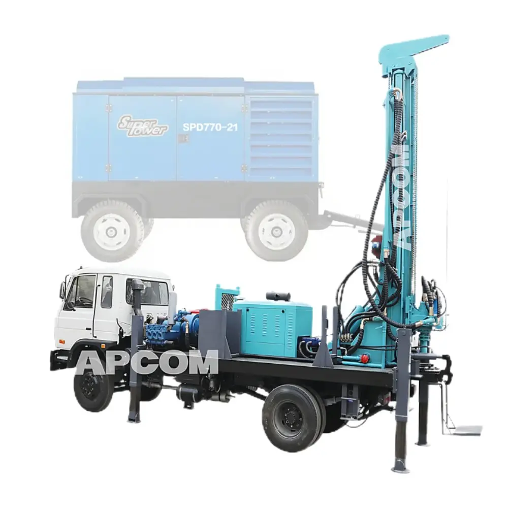 APCOM mini montato camion di acqua di pozzi di perforazione macchina e compressore camion per la vendita