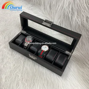 High Quality Wholesale Black 6 Slots PU Leather Watch Box Glass Cover 6 Watch Display Collection Case