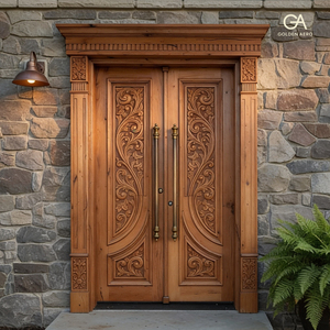 Puerta de Entrada de Madera Sólida GA-48S con Diseño Curvo y Doble Moldura Artesanal para Villa y Apartamento - Product Image 2