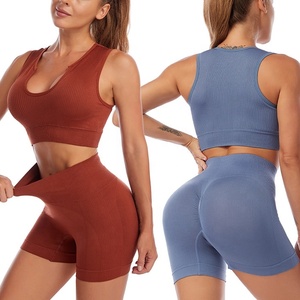 Bra olahraga wanita, pakaian Fitness Gym Fitness Yoga kustom dapat dibalik, celana pendek pengendara sepeda motor mulus dan Bra olahraga <span class=keywords><strong>2</strong></span> potong untuk Yoga Fitness - Product Image 1