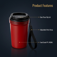 Gobelet à café en PP de 400 ml avec couvercle à clapet et cordon, logo personnalisé, léger (115 g), mug de voyage, vente en gros de mugs à café en plastique