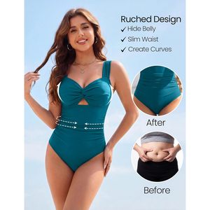 Traje de baño de una pieza para mujer con control de abdomen, escote pronunciado, tirantes anchos, nudo retorcido y cobertura total - Product Image 4