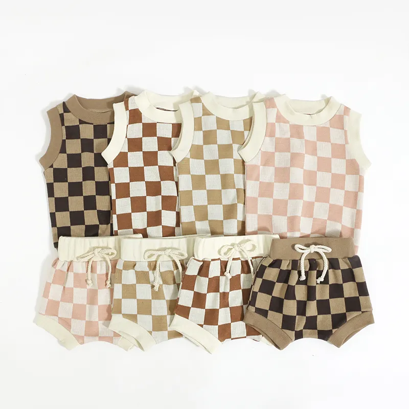 New Arrival Girls Sleeveless Kids Two Pieces Checker Design Toddler Knit Baby Clothing Set