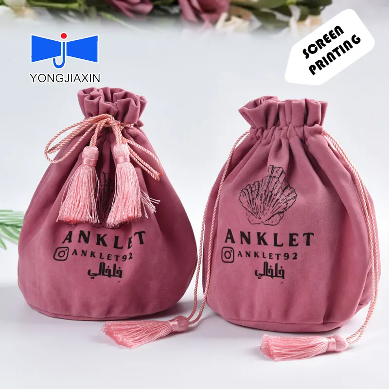 Yüksek kalite özel 10x15 Logo boyutu pembe kadife toz İpli hediye ambalaj poşet çanta saç peruk ayakkabı parfümler yüzük takı için