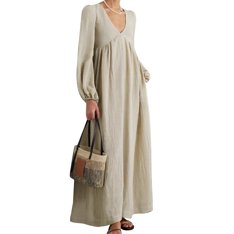 Vestidos Sommer schlichte muslimische elegante Lady Laterne Ärmel V-Ausschnitt Schnürung zurück Maxi Ladies Long Women Casual 100% Leinen Kleid