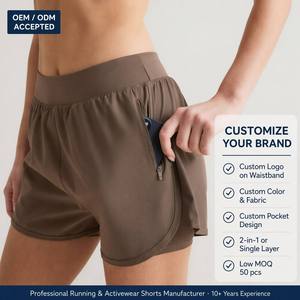 Wholesale Custom Women Running Shorts OEM Private Label 2-in-1 High Waist Zip Pocket Gym Yoga Marathon Low MOQ Supplier