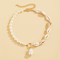 Collier élégant minimaliste en coquillages, plaqué or, avec chaîne de perles et pendentif coquillage pour femme - Vente en gros