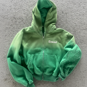 Felpa con Cappuccio Vintage da Uomo ES Personalizzata, Pesante, Verde, Lavaggio Acido, Ricamata, Ecologica, Effetto Sbiadito, Vestibilità Ampia, Zip, Strass, Calda - Product Image 1