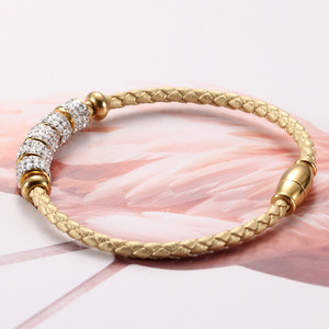 Crystal <b>Bracelet</b> Women's Silver <b>Gold</b> Braided Leather Magnetic Clasp Micro Pave <b>Beads</b> Everyday Wear Jewelry AB1184 - Product Image 4