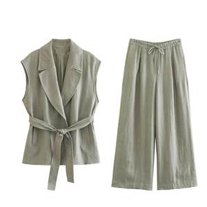 Gilet <span class=keywords><strong>taille</strong></span> <span class=keywords><strong>haute</strong></span> en lin de couleur unie <span class=keywords><strong>tailleur</strong></span>-<span class=keywords><strong>pantalon</strong></span> extensible à jambes larges pour femmes - Product Image 2