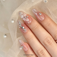 Lot de 10 faux ongles ovales réutilisables faits à la main, taille moyenne, style cercueil, design français, avec décoration croix diamant rose, en PMMA, couvrance totale, à coller