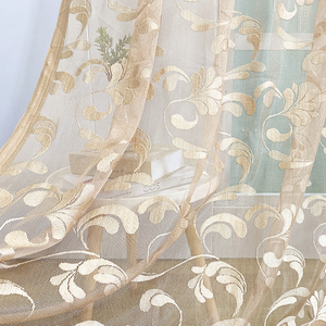 <span class=keywords><strong>Tende</strong></span> in pizzo ricamato in oro lavorate a maglia <span class=keywords><strong>giallo</strong></span> <span class=keywords><strong>chiaro</strong></span> con foglie in Voile trasparente in poliestere - Product Image 3