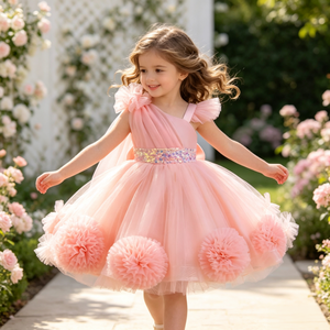 Abito da bambina all'ingrosso con maniche a volant, cintura con paillettes, palline 3D, volant sferici, abito da damigella d'onore, abito da principessa per bambine - Product Image 2