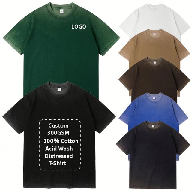Custom Printing Men's Acid Wash Oversized Boxy Fit T Shirt 300GSM Heavyweight 100% Cotton Vintage Worn Distressed Men's T-shirts