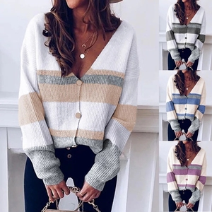 Cárdigan con cuello de pico profundo, suéter a rayas, cárdigan recortado, prendas de punto, ropa de mujer, cárdigans de otoño e invierno, suéteres de mujer, Top de punto - Product Image 2