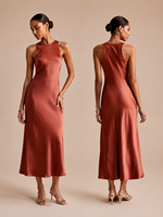 Vestido Midi Halter Sin Mangas con Cuello Alto en Satén Brillante Rojo Óxido, Novedad de Verano, Superventas en EE. UU. y Australia