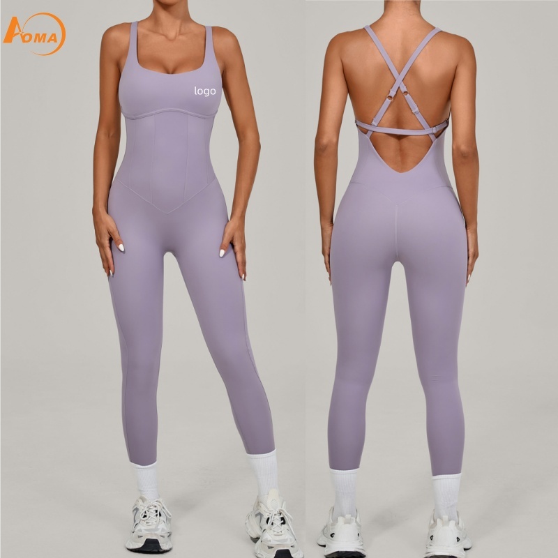 Aoyema Custom Women's Quick Dry Sports Jumpsuit Cross Back Tight Adjustable Strap Dance Fitness Yoga Bodysuit