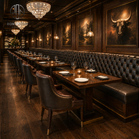 Meubles de bar et de restaurant haut de gamme Ron Group, table carrée en bois, chaise ergonomique en cuir, banquette capitonnée incurvée sur mesure