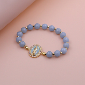 Bracelet fait main en or 18 carats plaqué or, quartz rose, Vierge <span class=keywords><strong>Marie</strong></span>, micro-pavé CZ, médaille religieuse pour femmes, bijoux spirituels - Product Image 6