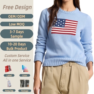 Wholesale Custom 100%Cotton Soft Women <strong>Knit</strong> <strong>Sweater</strong> USA Flag Intarsia Pullover Winter Spring Chunky Knitwear High-Quality OEM - Product Image 1