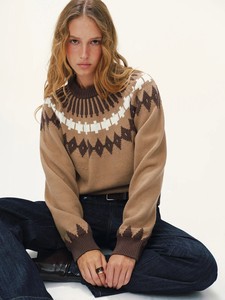 Women Knit Sweater <b>Mock</b> <b>Neck</b> Pullover Geometric Pattern Long Sleeve Cable Knit <b>Top</b> for Autumn Winter - Product Image 2