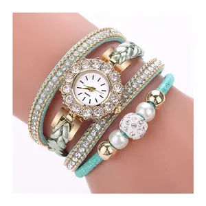 Wholesale Ladies Bracelet Watch Crystal PU leather Quartz Wing Pendant Bead Fashion Wrap Round Dress Watches