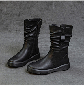 Wrinkle Cowhide Hot Sale Women Side Zip <strong>Slouch</strong> Stacked Mid Calf <strong>Boots</strong> 4cm Non Slip Platform Rubber Sole Vintage <strong>Boots</strong> - Product Image 1