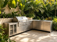 Meja Samping dengan Baki Lemak yang Dapat Dilepas, Perlengkapan Dapur Modern, BBQ Kingdom 4 Gas Grill, Pelat Masak Besi Cor Stainless Steel, Kabinet Pembakar