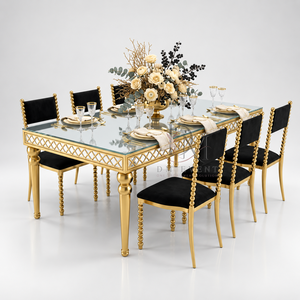 Luxury Stainless Steel Glass Top <b>Dining</b> Table Set with Upholstered <b>Chairs</b> for Wedding Banquet Event Wholesale - Product Image 3