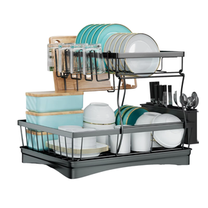 Rak Piring 2 Tingkat Baja Karbon Praktis, Lipat Besar, Organizer Rumah dengan Alas Pengering, Tempat Penyimpanan Dapur Berdiri - Product Image 1