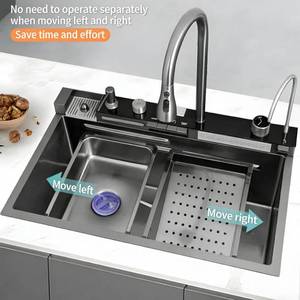 Grifo extraíble multifuncional de acero inoxidable con pantalla digital, efecto lluvia y cascada integrados para fregadero de cocina - Product Image 3
