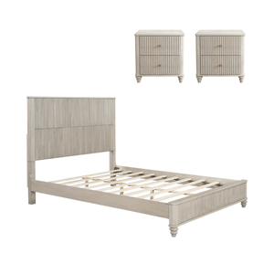 Ensemble de meubles pour hôtel et maison : 2 tables de chevet robustes assorties, lit plateforme en bois massif beige à rainures verticales, taille <span class=keywords><strong>Queen</strong></span> - Product Image 5