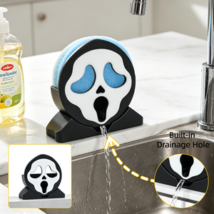 Portaspugne a forma di Ghost Face di Halloween, con drenaggio rapido, organizer da lavello per cucina, porta spugne per pulizia a tema horror/cartoon, gadget per la casa - Product Image 3