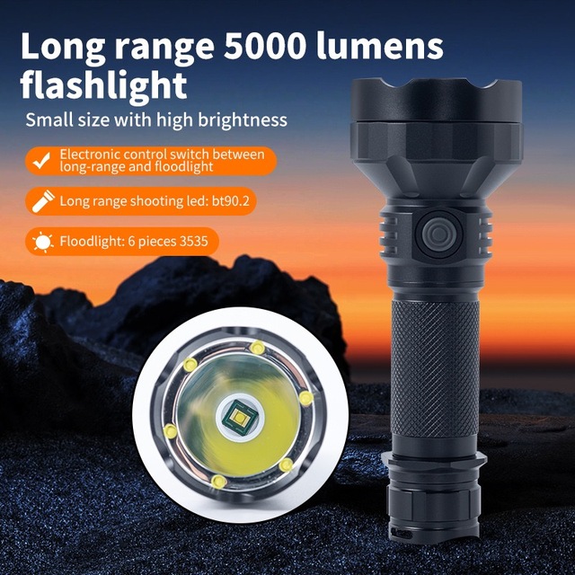 High Power 21700 Rechargeable LED Flashlight 5000 Lumens Long Range Spotlight Floodlight Switchable Torch for Outdoor Camping