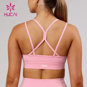 HUCAI OEM ODM Polyester Spandex U-Ausschnitt Light Impact Custom Logo gedruckt dünnen Riemen Riemchen rücken frei Yoga Sport-BH für Frauen