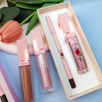 Kit de Maquillage Lèvres Effet Miroir Brillant : Crayon Contour des Lèvres, Rouge à Lèvres Liquide Longue Tenue Imperméable avec Lumière LED, Cosmétique Nude