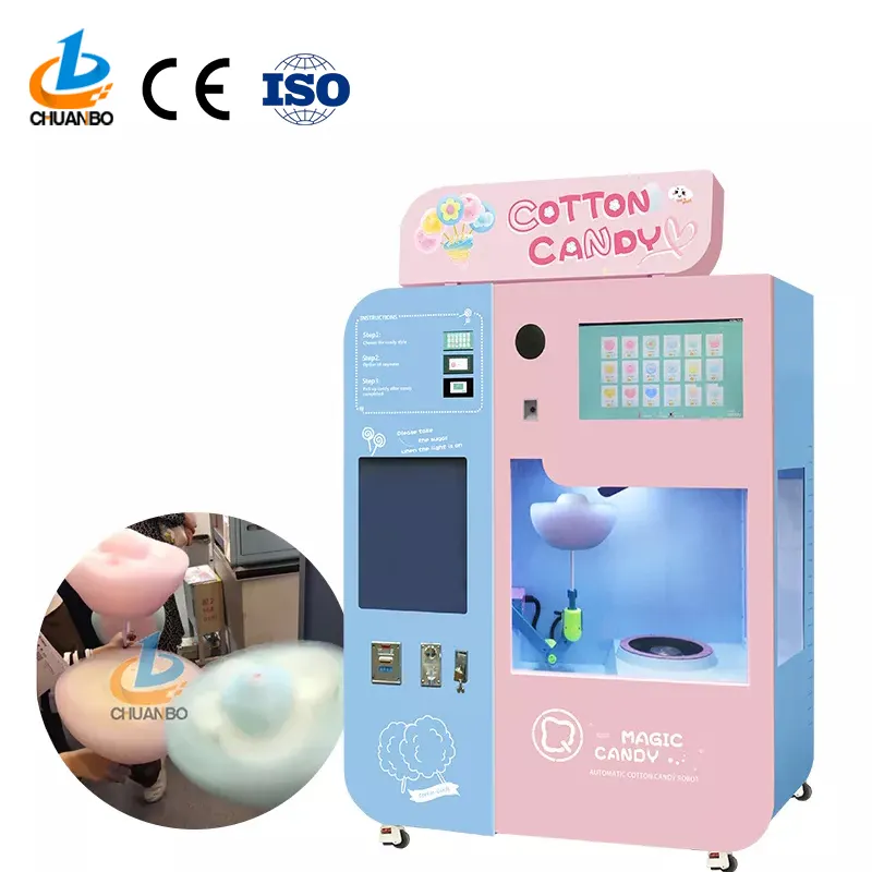 Manufacture Robot Electric Sugar Cotton Candy Floss Vending Machine Full Automatic Cotton Candy Machine For Small Business