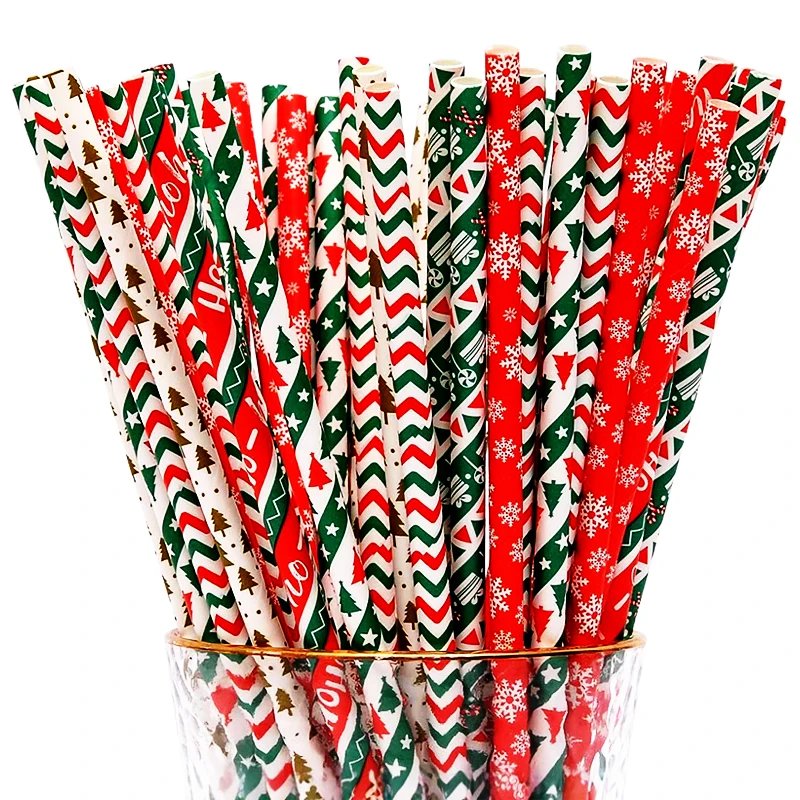 SOTON Christmas Striped Paper Straws for Drinking Disposable Straws for Xmas Party Home Bar and Restaurants Biodegradable Straws