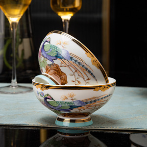 Bol en céramique plaqué or de haute qualité, ensemble de vaisselle en porcelaine fine, bol à riz haut de gamme pour la maison, bol à soupe et à dessert - Product Image 2