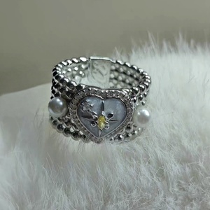 Anillo de compromiso y boda de lujo de alta gama con diseño de mariposa ancha estilo influencer, corazón, perla y hexagrama, de aleación, diseño de nicho único para - Product Image 5