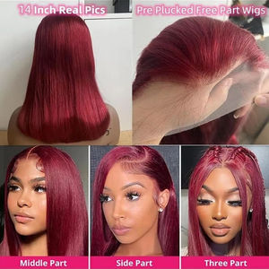 Peluca Bob de Cabello Humano Brasileño 100% Natural, Color 99J Borgoña, 13x4, Lisa, con Frente de Encaje Transparente, Color Rojo Vino, Pelucas Bob Cortas para Mujer - Product Image 5