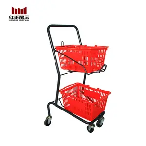 Hong he 2 cesta, carrinho de compras bonito de metal de alumínio com rodas e cestas de plástico
