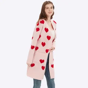 Cardigã de malha de dia dos namorados suéter longo solto com decote em V para mulheres com padrões de coração e dia dos namorados