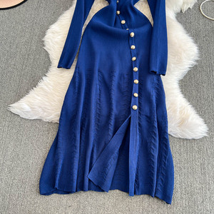 Abito da Donna con Bottoni Dorati, <span class=keywords><strong>Spacco</strong></span> <span class=keywords><strong>Laterale</strong></span>, Vestito Aderente in Maglia a Maniche Lunghe, Elegante Abito Midi per Donne - Product Image 5