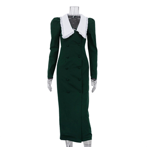 Abito da donna elegante a maniche lunghe T-1134 verde scuro, slim fit, a vita alta, formale da ufficio, primavera 2026, nuovo modello doppiopetto - Product Image 4