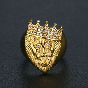 Hip Hop Jewelry Gold Plated Crown Lion Head <b>Ring</b> Men's <b>Titanium</b> Steel Pave Setting Gift Fashion <b>Rings</b> - Product Image 2