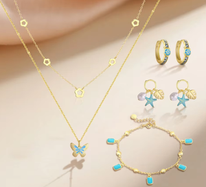 Ensemble de bijoux <span class=keywords><strong>pour</strong></span> femmes en argent pur S925, or 18 carats, émail bleu, collier papillon, boucles d'oreilles étoile de mer, bracelet, cadeau - Product Image 1