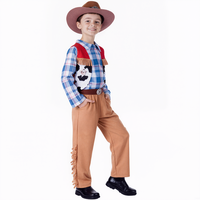 Costume de scène pour enfants avec haut à carreaux et accent en jean, taille ajustable, tissu doux, 3-14 ans, spectacle de scène, festival, déguisement de cow-boy