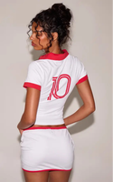 Ensemble deux pièces maillot de football KY Y2K pour femme, haut polo blanc Angleterre avec bordure rouge et mini-jupe, tenue d'été
