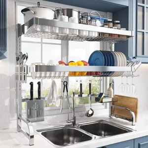 キッチン用TS 304ステンレス鋼大型皿水切り、シンク棚の上に高さ調節可能、カウンター収納オーガナイザー